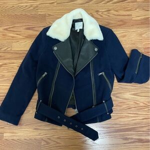 Joie Navy Blue Moto Jacket with White Shearling Collar